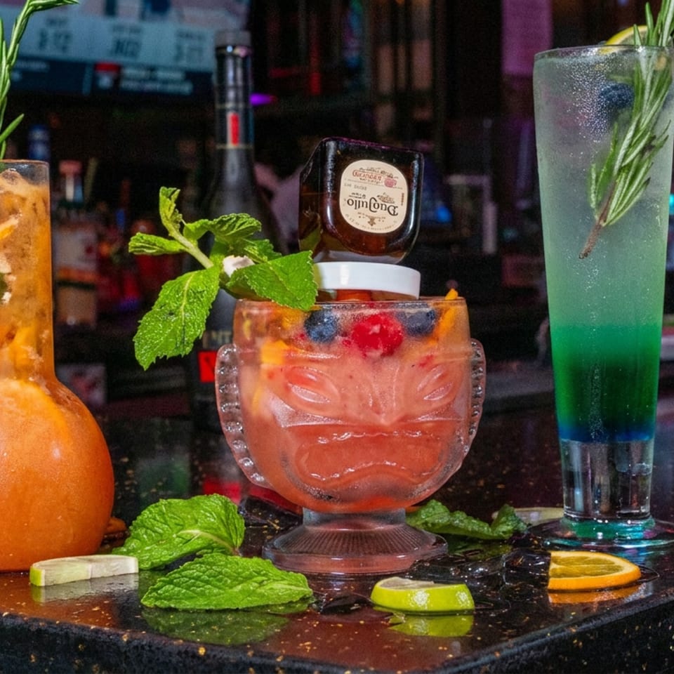 Three colorful cocktails garnished with mint, rosemary, citrus, and fruit sit on a glossy bar counter in a lively setting.