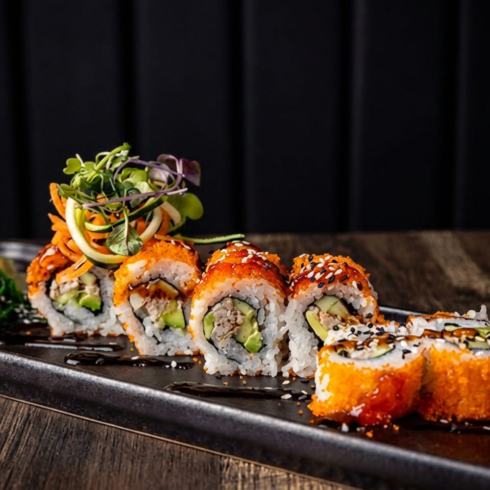Assorted sushi rolls topped with sesame seeds and vegetables on a black rectangular plate with wasabi and seaweed salad.