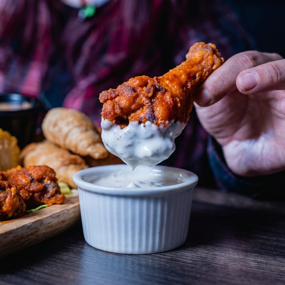 Hand dips a crispy chicken wing into creamy ranch dressing beside fried chicken, corn, and bread on a wooden board.