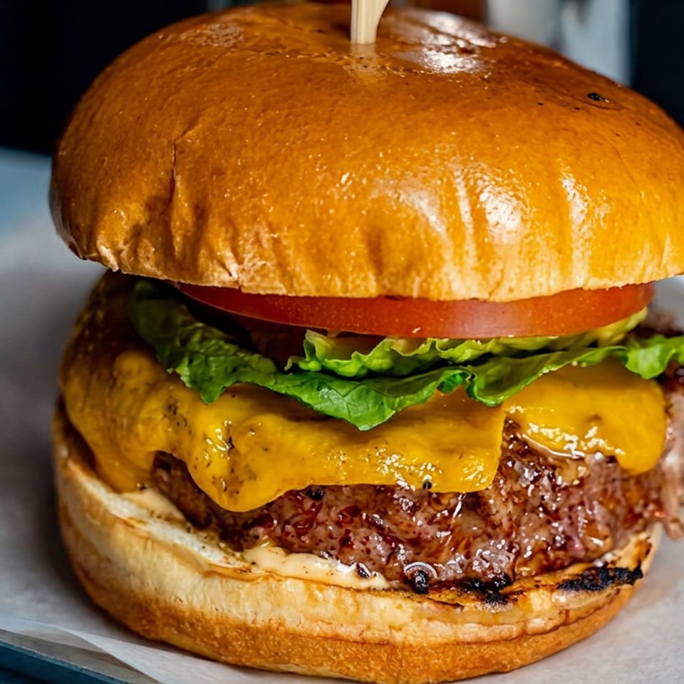 Juicy cheeseburger with lettuce, tomato, and grilled beef patty on a bun, served with ketchup.