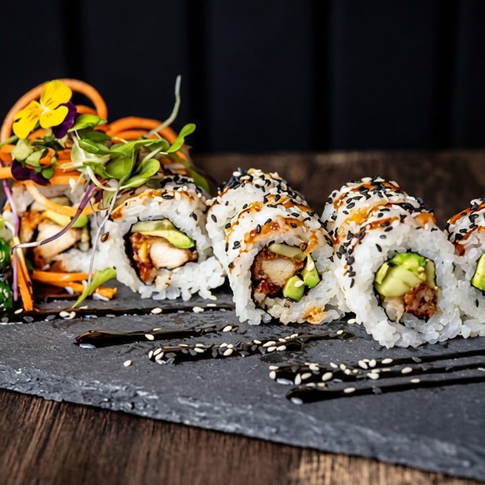 Sushi rolls filled with avocado and crispy chicken sit on a slate platter with sesame sauce, salad, ginger, and edible flowers.